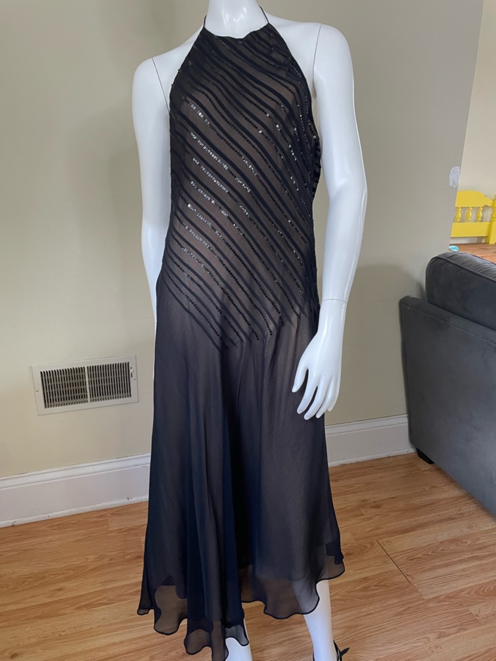Adrianna Papell Black Sheer Halter Midi Dress with Sequin Stripes